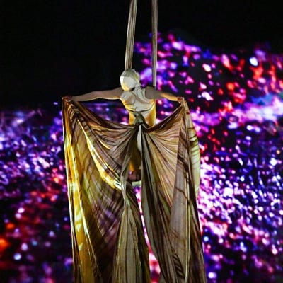 Insect-looking acrobat perform an aerial silk act - cirque OVO